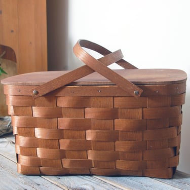 Vintage woven split wood picnic basket / Basketville woven picnic basket / gathering basket / rustic farmhouse  / woven top handle basket 