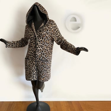 Italian 100% Wool Leopard Print Hooded Sweater Coat • Soft Knitted Animal Print Long Hoodie • Rockabilly Pin Up Hippie Boho Cardigan Cardi 