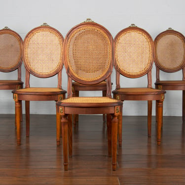 Antique French Louis XVI Style Mahogany Cane Dining Chairs - Set of 6 