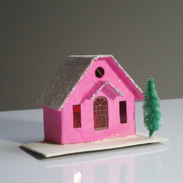Vintage Pink Putz House,  1950s Christmas Villagge Decoration 