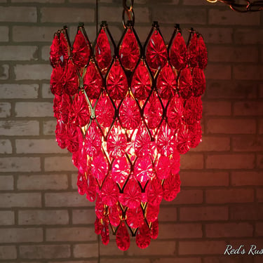 MCM Red Mid Century Modern Red Jewel Lucite Chain Hanging Swag Lamp Light 