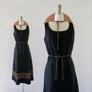 black linen belted dress - s - vintage 90s y2k womens minimal simple sleeveless sustainable long dress 