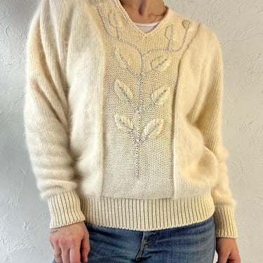 90s ‘Eugenia’ Cream Rhinestone Sweater / Medium 