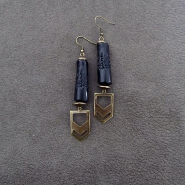 Long black earrings, wooden earrings, geometric earrings, unique chic earrings, modern exotic earrings, boho bohemian earrings, contemporary 