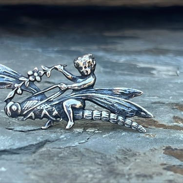 Vintage Sterling Silver Cherub Riding a Dragonfly Pin / Brooch 