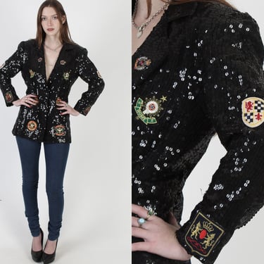 Vintage 80s Military Sequin Jacket / 1980s Black Sequin Military Patches Coat / Womens Silk Evening Party Blazer 