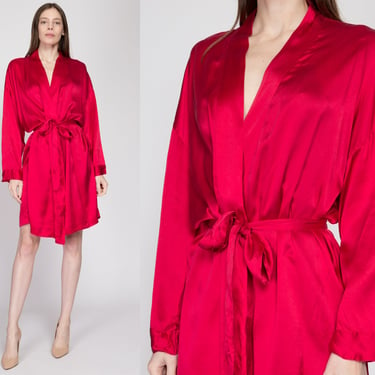 Med-Lrg 90s Victoria's Secret Red Silk Robe | Vintage Boho Belted Loungewear Mini Kimono 