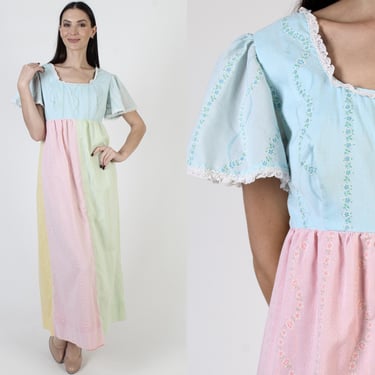 Swiss Dot Pastel Dress, Colorblock Vintage Pageant Gown, Womens Long Lace Prairie Maxi 