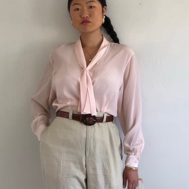 80s pussy bow blush blouse / vintage blush pink semi sheer pussy bow neck tie ascot crepe deadstock blouse | Medium 