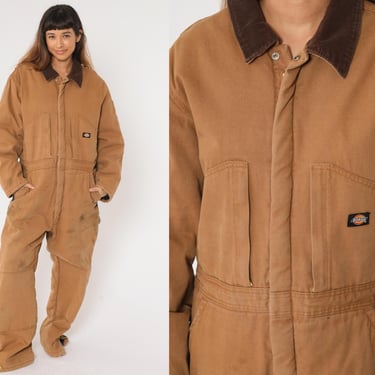 Dickies Insulated Coveralls Workwear Jumpsuit Y2K Brown Boiler Suit Corduroy Collar Long Sleeve Pants Work Wear Vintage 00s Men's Large L 