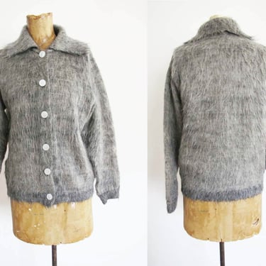 Vintage 60s Gray Shaggy Mohair Cardigan S - 1960s Womens Collared Knit Grunge Sweater 