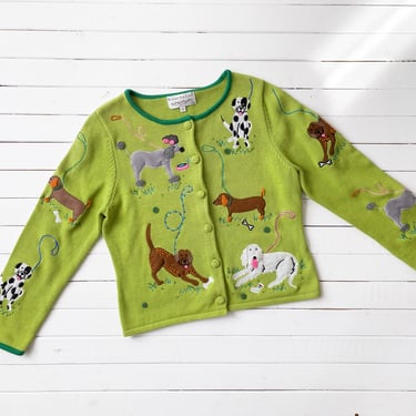 cute embroidered sweater | 90s y2k vintage lime green dog novelty dalmatian poodle dachshund streetwear cottagecore cardigan 