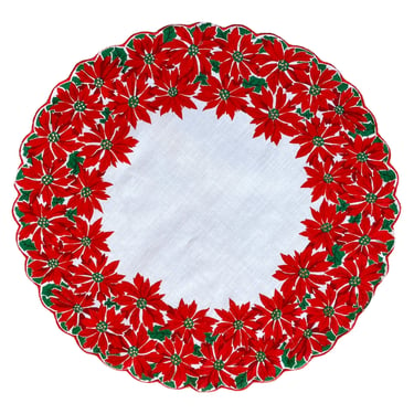 Vintage round Christmas handkerchief in red & green poinsettia holiday pattern. Scalloped rolled edge hankie / hanky, wedding keepsake gift 