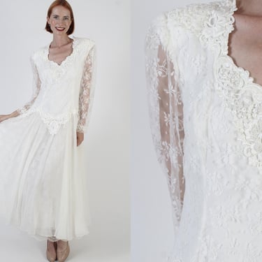 Plus Size White Jessica McClintock Dress, All Over Lace 80's Gunne Sax Gown, Romantic Deco Style, Size 15 16 