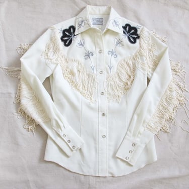 Vintage H Bar C Womens Taos Fringed Pearl Snap Button Up Small 0 - 70s Black White Polyester Rhinestone Cowgirl Floral Embroidered Shirt 