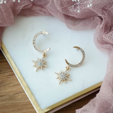 gold celestial earrings, gold crescent moon and star earrings, north star earrings, celestial jewelry, boho hippie crystal jewelry 