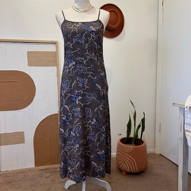 The Limited Vintage Y2K Rayon Gray & Blue Floral Midi Dress with Pockets - Small 