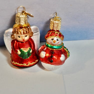 2 Old World Christmas Mini Ornaments Set Mercury Glass Christmas Ornaments Snowman & Choir Angel NOS Christmas Ornaments Decor Gifts OWC Tag 