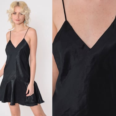 90s Victoria's Secret Slip Dress Black Mini Nightgown Slip Dress Deep V Neck Drop Waist Vintage Lingerie Spaghetti Strap 1990s Small 