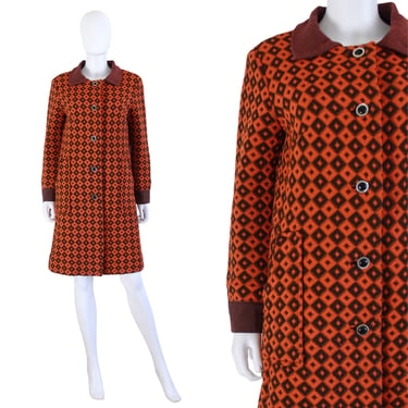 Late 1960s / Early 1970s Brown & Orange Geometric Midi Coat - Vintage Mod Coat - Vintage Fall Coat - 60s Fall Coat - 60s Coat | Size Medium 