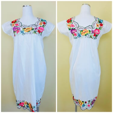 1980s Vintage White Poly Cotton Colorful Embroidered Dress / 80s Rainbow Floral Mexican Day Dress /  Medium 