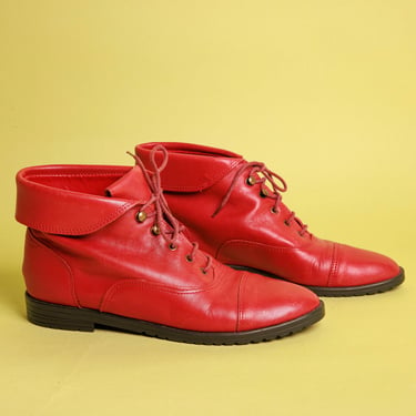 80s Bright Red Ankle Boots Vintage Short Lace up Tie Point Boots 