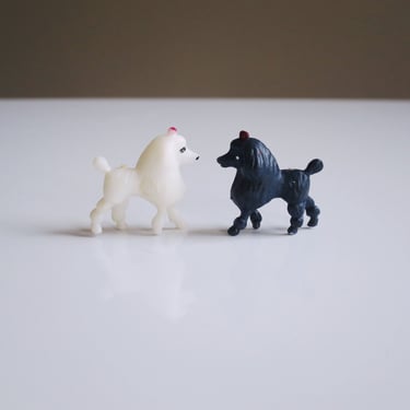 Dollhouse Poodles Miniatures Set Of 2 Dogs Figurines, Vintage Black and White Mini Doll Pets 