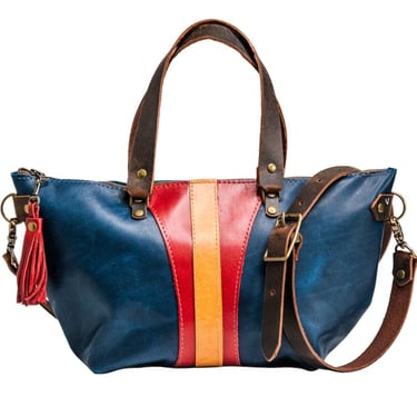 The In Blue Wonder Woman Bag curved Bowler with Tassel and Zipper | Crossbody Leather Bag Patchwork 