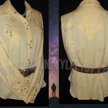 Vintage Western Women's Cowgirl Shirt by Stetson, Rodeo Queen Blouse, Pale Yellow with Embroidery, Tag Size Large (see meas. photo) 