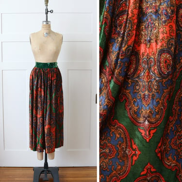 vintage 1970s long velvet maxi skirt • psychedelic paisley print in green & orange hippie bohemian skirt 