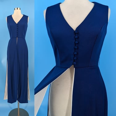 Vintage Seventies XS Sleeveless Long Slit Maxi Top - 70s Blue White Button Front Panel Top - Miss Melinda of California 