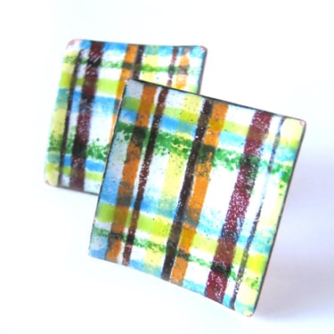 Plaid Copper Enamel Earrings Large Clip On Earrings Signed Margo / Statement Jewelry / Studio Art Jewelry 