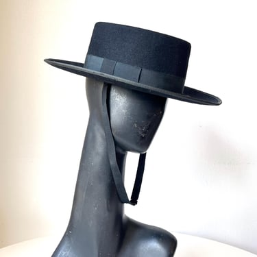 Vintage Casa Yustas Madrid Black Felt Cordoba Bolero Flat Top Wide Brim Hat 