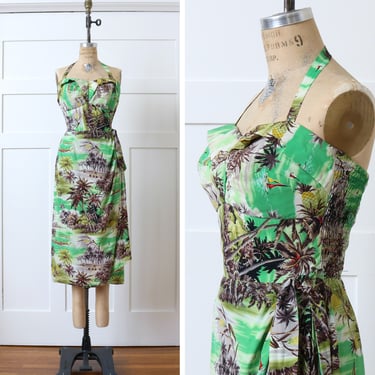 vintage 1940s Hawaiian sarong dress • green tropical pineapple & palm trees rayon halter sundress by Royal Hawaiian 