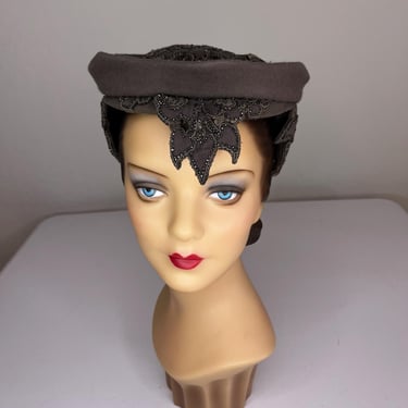 Sabrina Makes the Cocktails - Vintage 1950s Slate Grey Felt Beaded Caplet Hat 