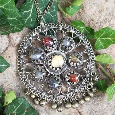 Chunky Boho Tribal Necklace~Huge Pendant Gemstones & Dangles~Bohemian Gypsy Jewelry~Statement Necklace~Gifts for Her~JewelsandMetals. 