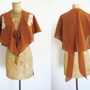70s Halter Top Small - Vintage 1970s Brown Crop Top - Flowy Bohemian Hippie Chiffon Capelet Blouse - 1970s Clothing 