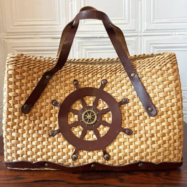 Vintage 1960s Woven Straw Nautical Summer Tote/ 60s Novelty Tote Ship’s Wheel 