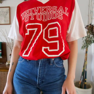 Vintage 70's Collegiate Pacific Universal Studios Flocked Graphic Red Ringer Single Stich T-shirt 