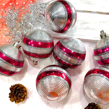 VINTAGE: 7pcs - Large Metallic Plastic Ornaments - Silver and Pink Ornaments - Christmas Decor - Holiday Decor 