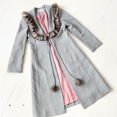 Vintage Grey Light Wool Coat with Mink Fur Neckline and Pom Poms 