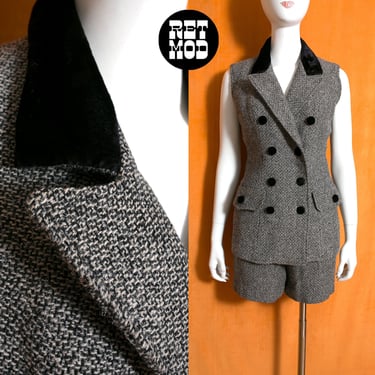 Chic Vintage 70s Black White Tweed Vest & Shorts Set with Black Velvet Collar and Buttons 