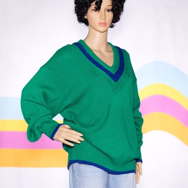 Vintage 80s/90s GAP Green and Blue V-Neck Sweater | Large 