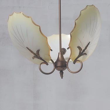 Rare Art Deco Chandelier/Burnished Brass Three Lights Murano Glass by Salviati/Vintage Three Arms Pendant Lamp/ Art Deco Chandelier/ 30's 