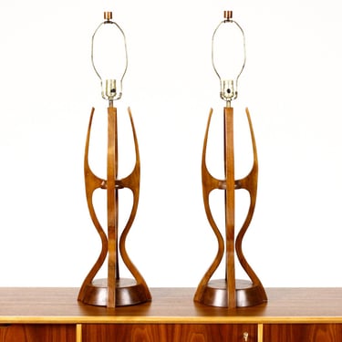 Mid Century Vintage Modeline Table Lamps — Walnut + Brass — Sculptural Form — Pair 