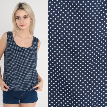70s Tank Top Polka Dot Blouse Navy Blue White Sleeveless Shirt Retro Hippie Summer Seventies Mod Button Back Casual Vintage 1970s Small S 