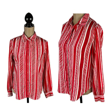 80s Polyester Blouse Medium, Red and White Striped Top, Long Sleeve Collared Button Up Shirt, 1980s Clothes for Women Vintage LOUBELLA 