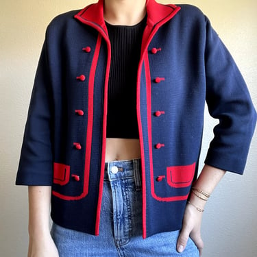 Vintage Womens 1970s Nautical Navy Blue Red Lightweight Cardigan Jacket Sz M 