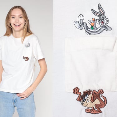 Looney Tunes T-Shirt y2k Cartoon Shirt Taz Bugs Bunny Embroidered Pocket Tee Retro Nostalgic Warner Bros Tshirt White Vintage 00s Medium M 