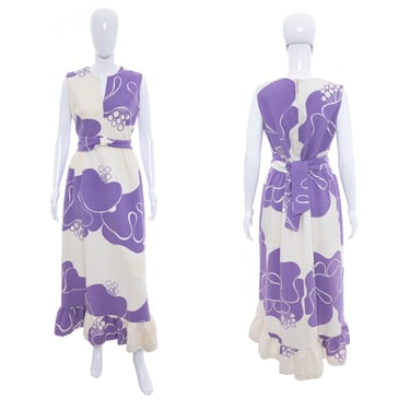 1960's Malia Purple and White Sleeveless Abstract Print Tiki Dress Size L